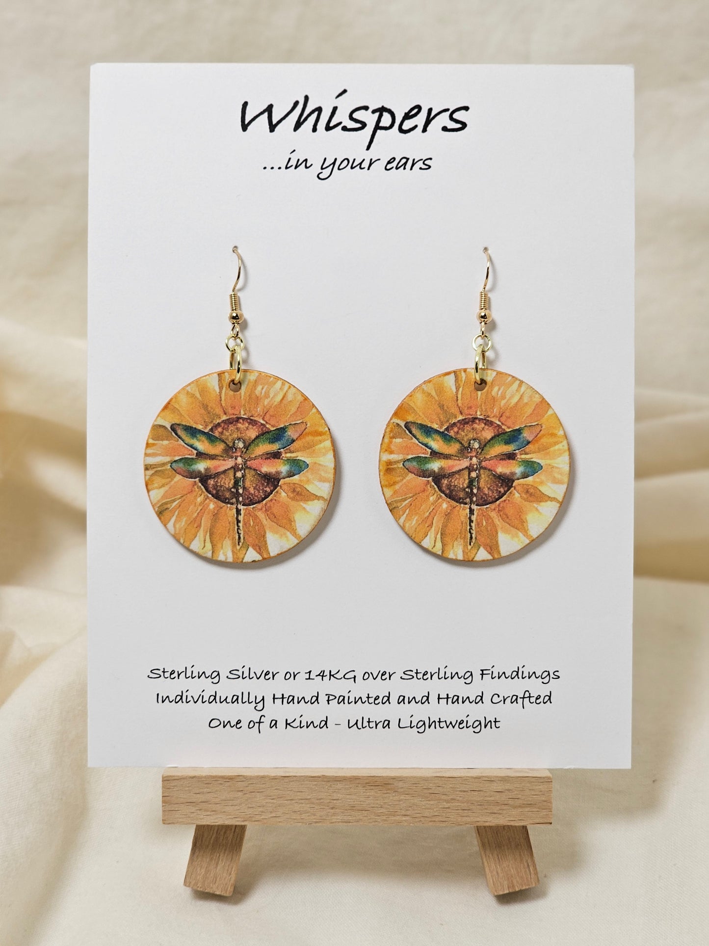 You are my sunflower Art Print Yellow Wood Earrings. Artwork by Lee M. Hein. 1 1/2" Circle. Back is painted with yellow wash. Enameled for durability. Mixed metal of Sterling Silver and 14KG over Sterling findings. Hangs 1 3/4" in length