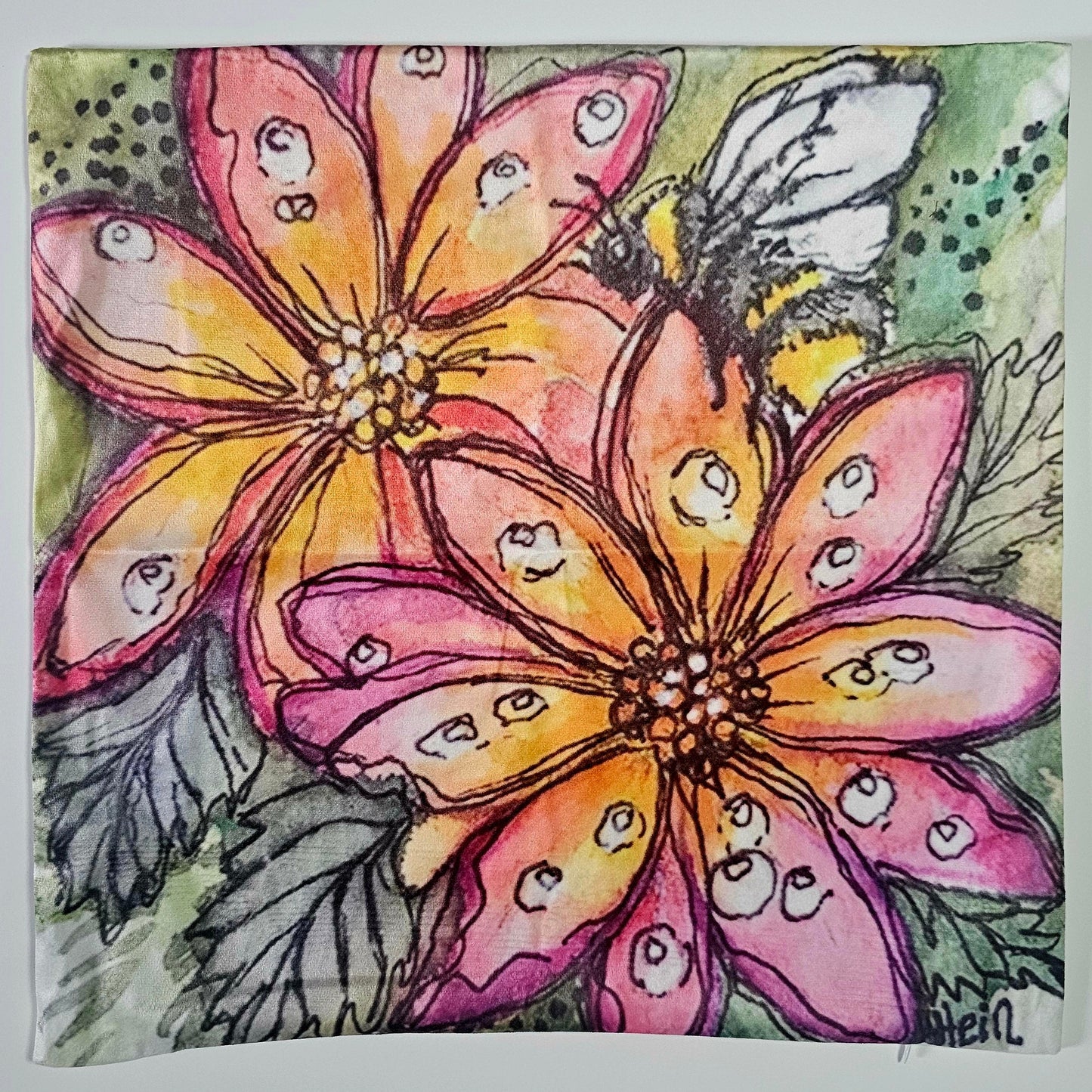 Colorful illustration of flowers and a bee on a textured background