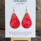 Hand painted watercolor ultra lightweight paper earrings. Bright fuchsia and coral gem tones. Gold painted edges. Back is painted with similar colors and design. Teardrop in shape. 14kg over silver findings. Hangs 2 1/4" in Length