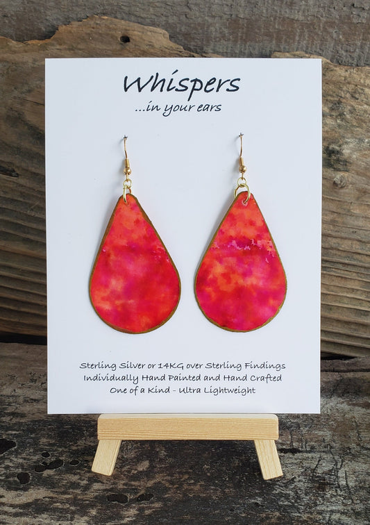 Hand painted watercolor ultra lightweight paper earrings. Bright fuchsia and coral gem tones. Gold painted edges. Back is painted with similar colors and design. Teardrop in shape. 14kg over silver findings. Hangs 2 1/4" in Length