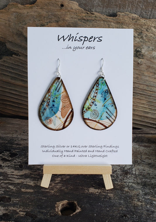 Hand painted watercolor ultra lightweight paper earrings. Aqua blue and brown wash. Dots and swirl designs. Dark brown edge detail. Back is painted with similar colors and design. Tear drop in shape. Sterling silver findings. Hangs 2 1/4" in Length