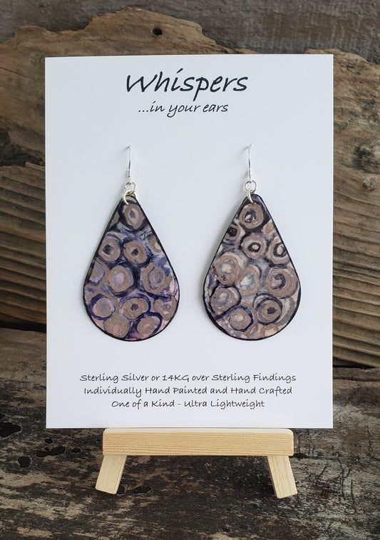 Hand painted watercolor ultra lightweight paper earrings. Blue and iridescent champagne bubbles. Navy blue edge detail. Back is painted with similar colors and design. Tear drop in shape. Sterling silver findings. Hangs 2 1/4" in Length