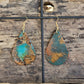 Hand painted Watercolor Mixed Media Collage Tidepool. Ultra lightweight paper earrings. Aqua blue, emerald and lime green background.  Layered collage with copper and bronze painted papers.  Edged in metallics. . Back is painted in complimentary color. Teardrop in shape. 14kg over sterling silver findings. Hangs 2 1/2" in Length