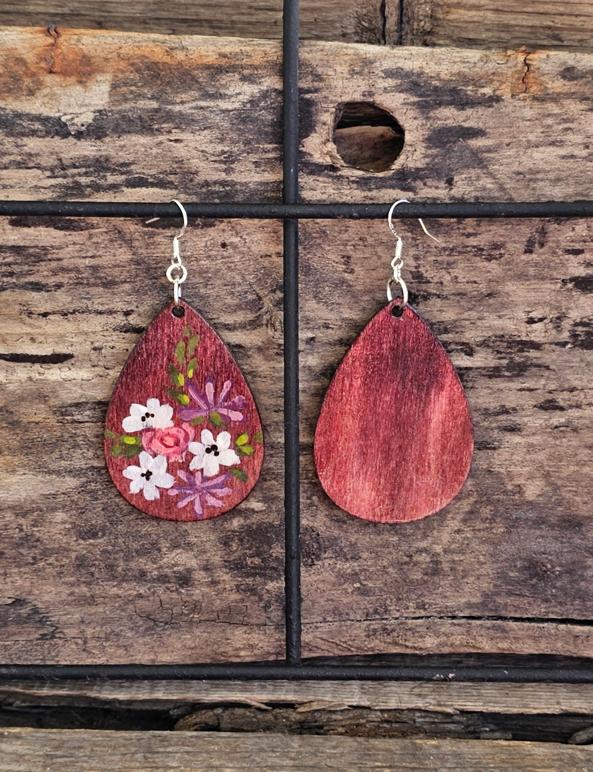 Daisies and Roses Hand Painted Wood Earrings - Main Image