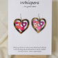 Heart Earrings Wood die cut hand painted Ultra lightweight. Pink Heart Rows Faux Tigerwood pattern. Enameled for durability. Back is painted in the same color and pattern.  Heart is 1 1/2 " in width. Sterling silver findings. Hangs 1 1/2" in length 