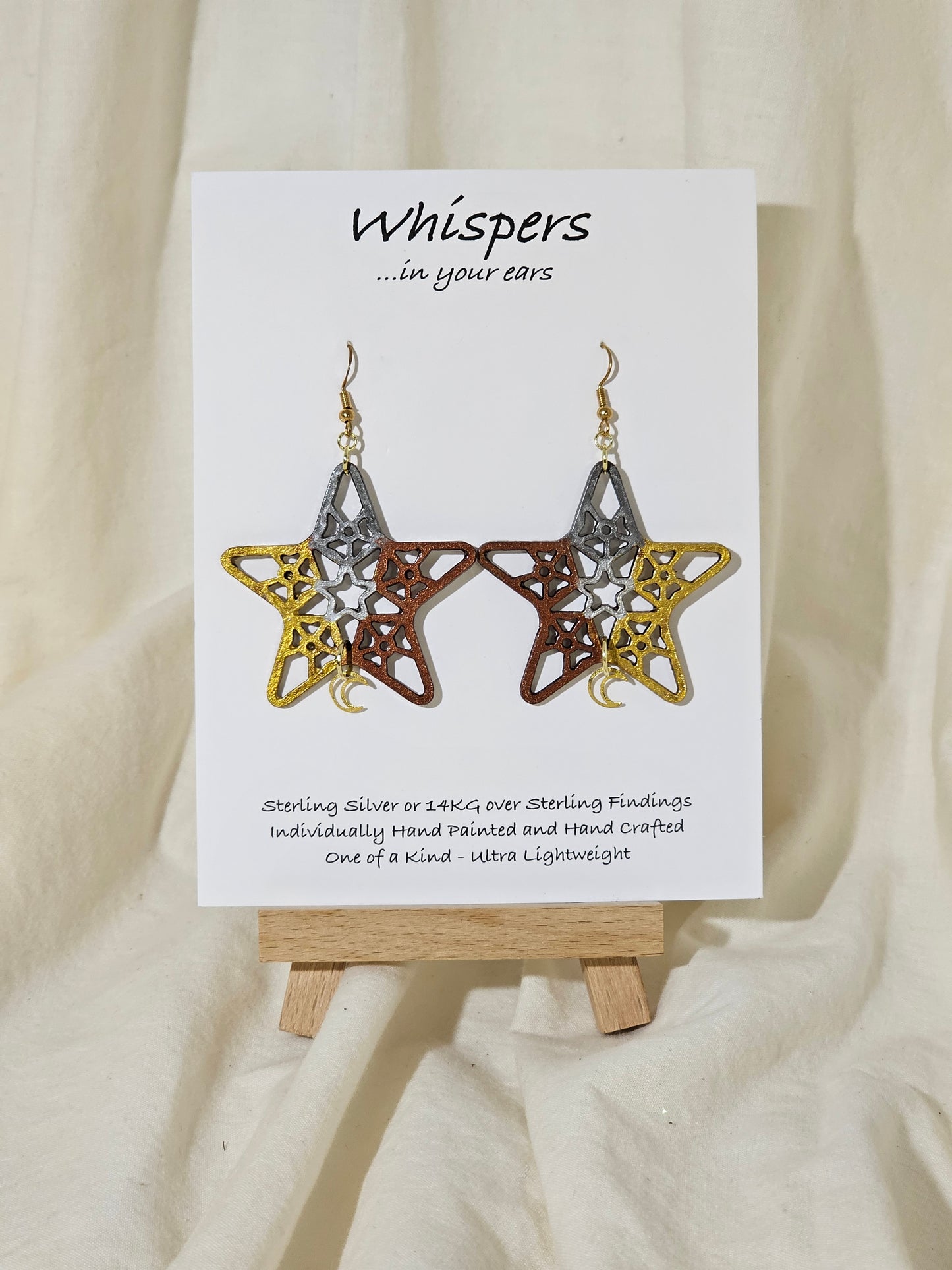 Star and Moon Painted Wood Die cut Earring