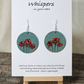 Poppy Trio Hand Painted Wood Earrings. Ultra lightweight. 1 1/2" Circular wood round. Three red poppies design. Painted in acrylic on new world blue background. Back is painted same color. Sterling silver findings.&nbsp; Wood 1/8" in thickness. Hangs 1 3/4" in length.