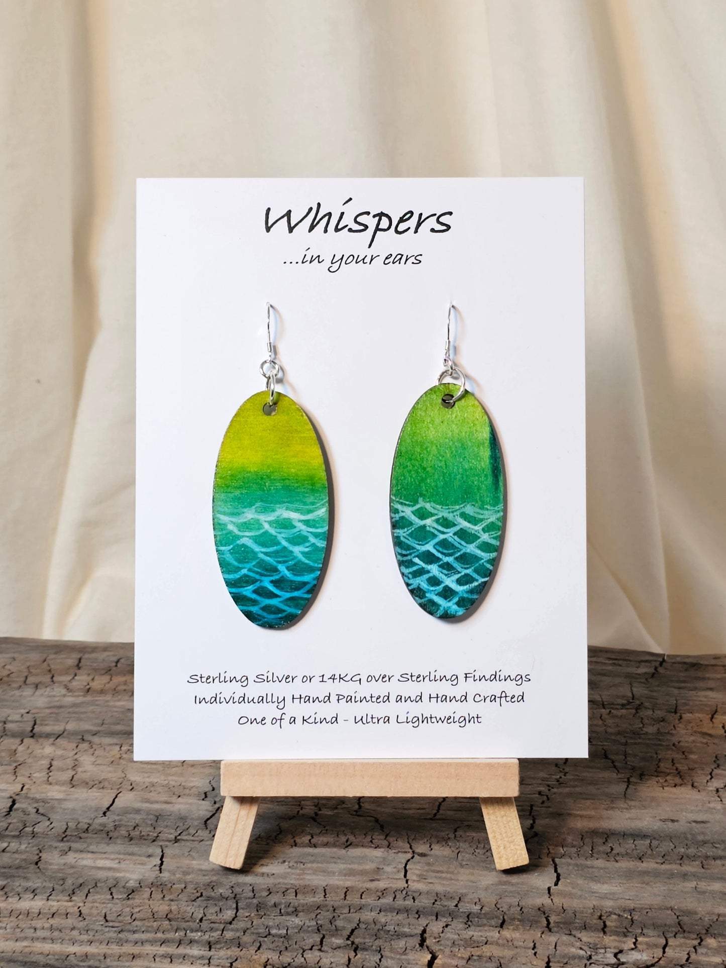 Lime Green and Teal Mermaid Tail Hand Painted Wood Earrings