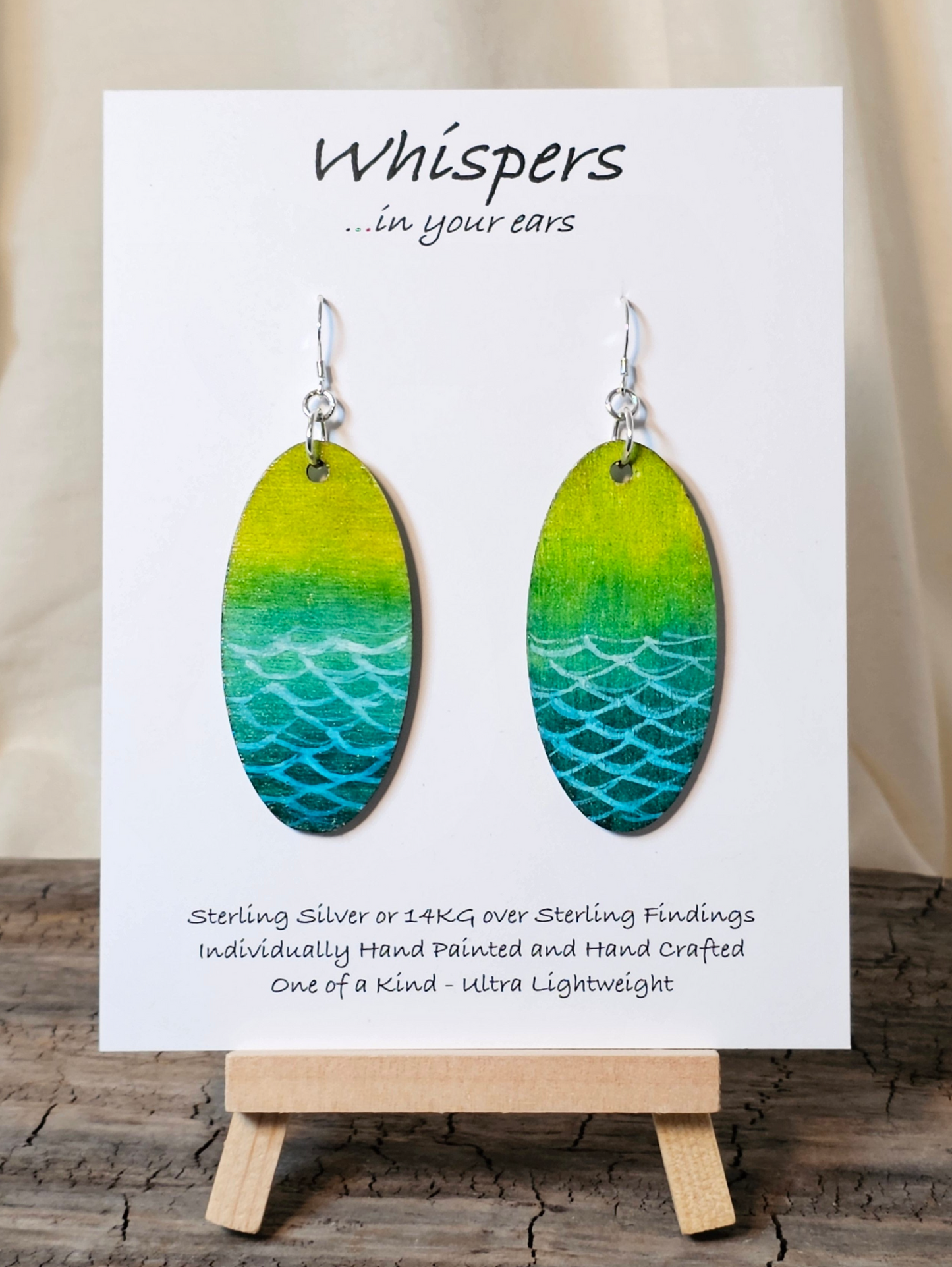 Lime Green and Teal Mermaid Tail Hand Painted Wood Earrings