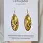 Hand Painted Watercolor Paper Earrings. 2" Elongated oval, lime and moss greens accented with tans and browns in color. Copper Metallic accents. Back is painted in complimentary design. Resin coating for durability. 14KG over sterling silver findings. Hangs 2 1/4"