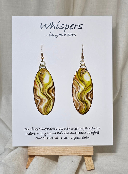 Hand Painted Watercolor Paper Earrings. 2" Elongated oval, lime and moss greens accented with tans and browns in color. Copper Metallic accents. Back is painted in complimentary design. Resin coating for durability. 14KG over sterling silver findings. Hangs 2 1/4"