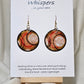 Hand painted Paper earrings. Embellished with acrylics. Look of white dot with black, orange and red lines. Back of earring is painted to match. Ultra lightweight. Resin coated for durability.&nbsp; 1 1/2 in diameter Mix metals Sterling Silver and 14KG over Sterling findings. Hangs 1 3/4" in length