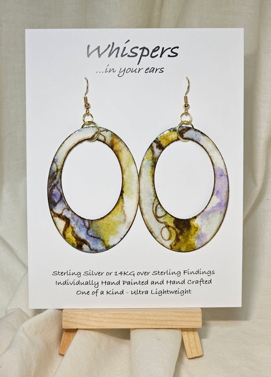 Abstract Periwinkle Mossy Swirl. Hand Painted Paper Earrings. Ultra lightweight, Large statement 2 1/2" Oval. Large oval cut out. Back is painted to match. Resin coating for durability. 14KG over Sterling Silver findings. Hangs 2 3/4" in length