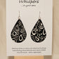 Black n White Swirls n Dots and Painted Paper Earrings. 2 1/8" Tear Drop shape. Abstract white swirls on black background. Back is Grey dots and similar design. Resin coating for durability. Sterling silver findings. Hangs 2 1/2" in length