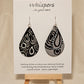 Black n White Swirls n Dots and Painted Paper Earrings. 2 1/8" Tear Drop shape. Abstract white swirls on black background. Back is Grey dots and similar design. Resin coating for durability. Sterling silver findings. Hangs 2 1/2" in length