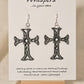 Gray Faux Enameled Wood Cross Hand Painted Earrings. Detailed to look aged. Celtic wooden cross. Back is painted to match. 2" in length. Enameled for durability. Sterling Silver findings. Hangs 2 1/4" in length
