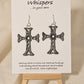 Gray Faux Enameled Wood Cross Hand Painted Earrings. Detailed to look aged. Celtic wooden cross. Back is painted to match. 2" in length. Enameled for durability. Sterling Silver findings. Hangs 2 1/4" in length