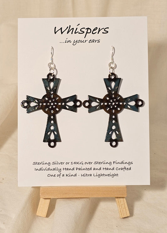 Brown and Turquoise Blue Faux Enamel Hand Painted Celtic Wood Cross Earrings. Cross and circle center painted to look aged and distressed. 2 1/4" Cross. Back is painted to match. Enameled for durability. Sterling Silver findings. Hangs 2 3/4" in length