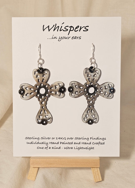 Weathered Wood Cross Hand Painted Wood Earrings. White, Beige and Brown2 1/4" Cross. Back is painted to match. Enameled for durability. Sterling Silver findings. Hangs 2 1/2" in length
