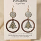 Christmas Tree Hand Painted Wood Earrings. Sage green, walnut and gold large statement piece. Wood disk, open wood circle with hanging wooden tree pendant. Back is painted to match. Enameled for durability. 14KG over sterling findings. Hangs 3" in length.