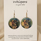 Butterfly Art Print Wood Earrings. Artwork by Lee M. Hein. 1 1/2" Circle. Back is painted brown wash. Enameled for durability. 14KG over Sterling findings. Hangs 1 3/4" in length