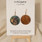 Butterfly Art Print Wood Earrings. Artwork by Lee M. Hein. 1 1/2" Circle. Back is painted brown wash. Enameled for durability. 14KG over Sterling findings.  Hangs 1 3/4" in length