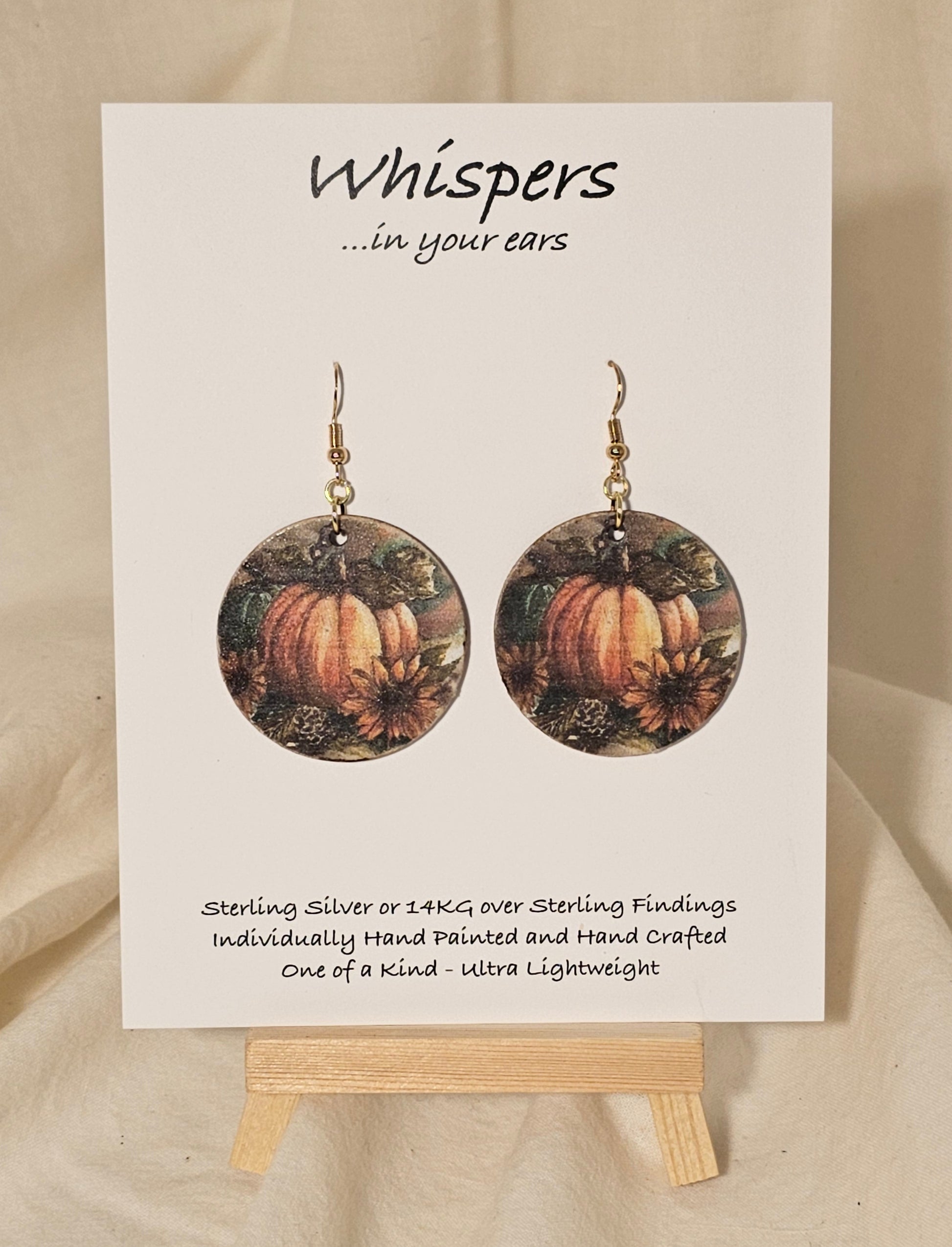 Pumpkin Harvest Art Print Wood Earrings. Artwork by Lee M. Hein. 1 1/2" Circle. Back is painted brown wash. Enameled for durability. 14KG over Sterling findings. Hangs 1 3/4" in length