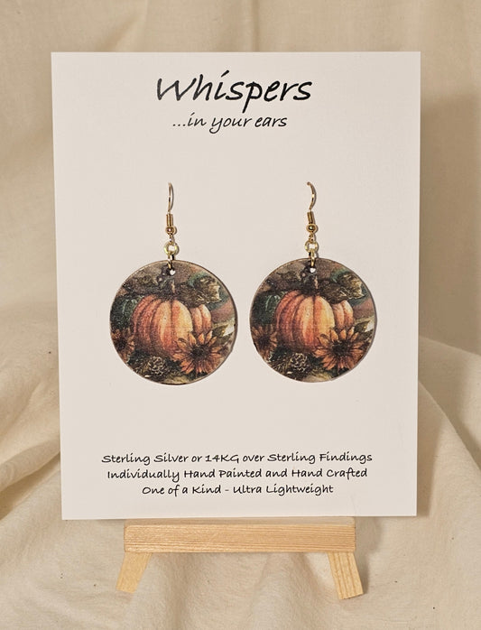 Pumpkin Harvest Art Print Wood Earrings. Artwork by Lee M. Hein. 1 1/2" Circle. Back is painted brown wash. Enameled for durability. 14KG over Sterling findings. Hangs 1 3/4" in length