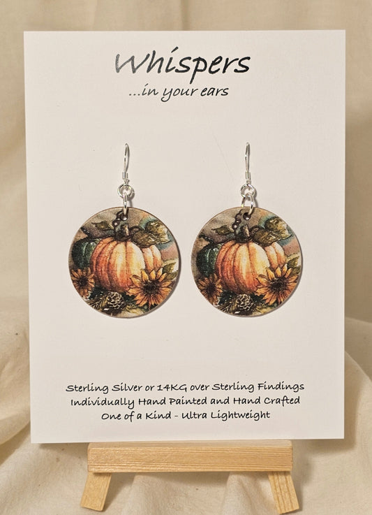 Bright Pumpkin Harvest Art Print Wood Earrings. Artwork by Lee M. Hein. 1 1/2" Circle. Back is painted with light brown wash. Enameled for durability. Sterling findings. Hangs 1 3/4" in length