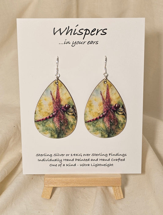 Crimson Drop Wing Dragonfly Art Print Wood Earrings. Artwork by Lee M. Hein. 2" Tear drop. Back is painted with light brown wash. Enameled for durability. Sterling findings. Hangs 2 1/4" in length