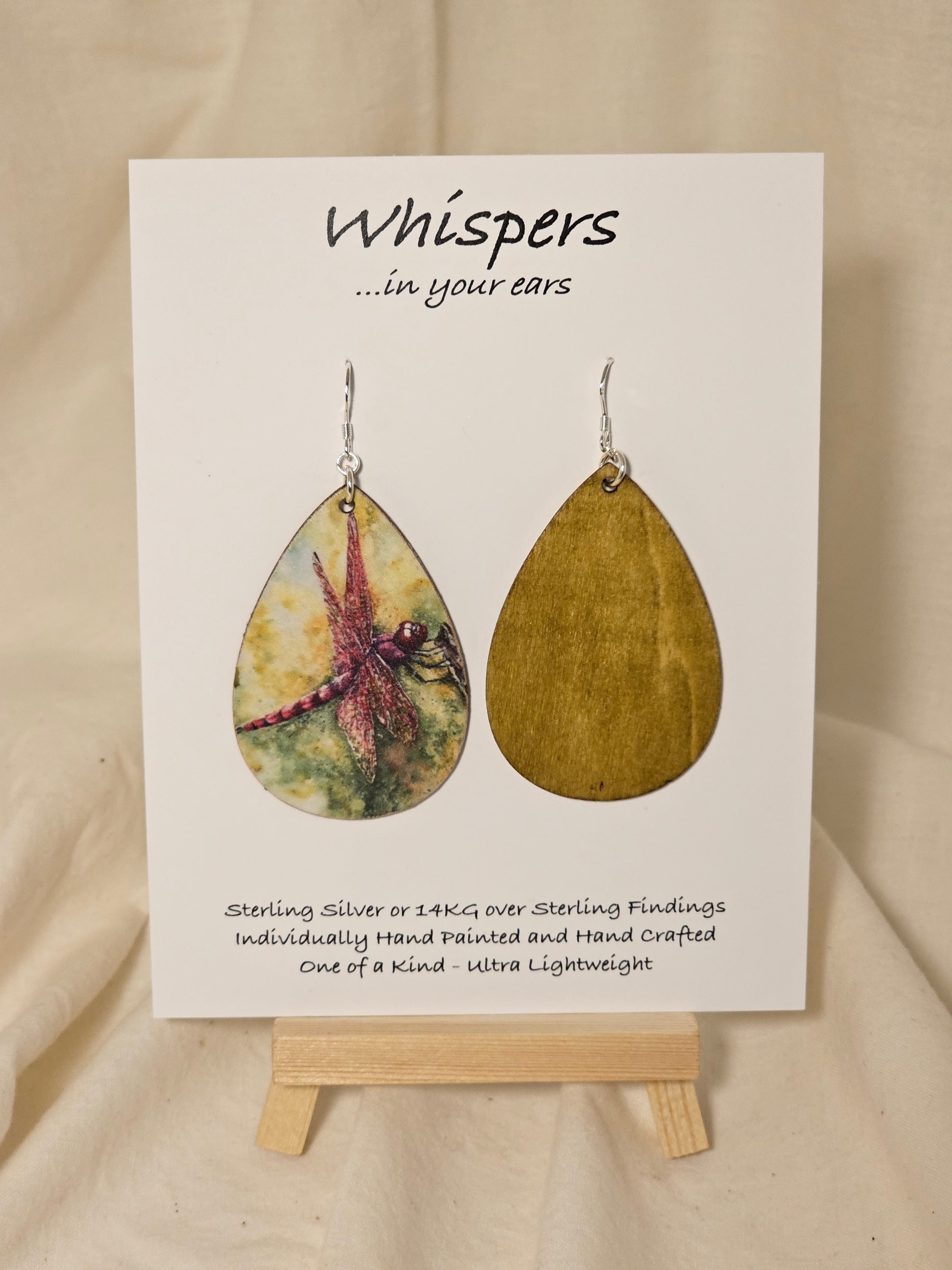 Crimson Drop Wing Dragonfly Art Print Wood Earrings. Artwork by Lee M. Hein. 2" Tear drop. Back is painted with light brown wash. Enameled for durability. Sterling findings. Hangs 2 1/4" in length