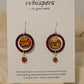 Red Ornament Ring Wood and Paper Earrings. 1 1/4" painted red wood ring with hanging hand painted watercolor ornament in the center. Multicolored glass bead hanging at the bottom. Back is painted in complimentary design. Enameled for durability. Sterling Silver findings. Hangs 2" in length