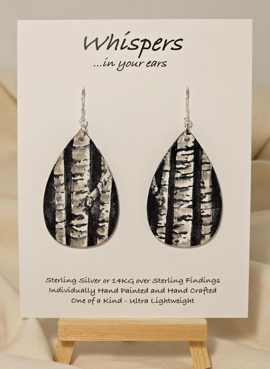 Birch Trees Hand Painted Wood Earrings. 2" Teardrop. Painted birch tree scene on black background. Back is painted to match. Enameled for durability. Sterling Silver findings. Hangs 2 1/2" in length