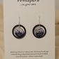 Evening Winter Scape Wood and Paper Earrings. 1 1/8" wood ring painted black. Hanging hand painted watercolor tree silhouette winter scape. Embellished with golden moon. Back is painted with complimentary design. Resin coating for durability. Sterling silver findings. Hangs 1 3/8" in length