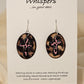 Pink Leopard Cross Hand Painted Paper Earrings. 1 1/2" Oval shaped, Leopard print background with pink leopard print cross. Back is leopard only. Resin coating for durability. Sterling Silver findings. Hangs 1 3/4" in length