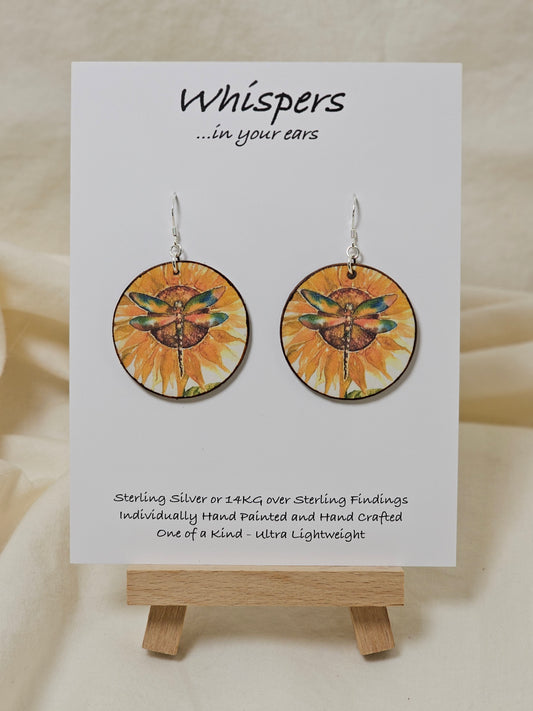 You are my sunflower Art Print Wood Earrings. Artwork by Lee M. Hein. 1 1/2" Circle. Back is painted with dark brown wash. Enameled for durability. Turquoise bead embellishment. Sterling findings. Hangs 1 3/4" in length