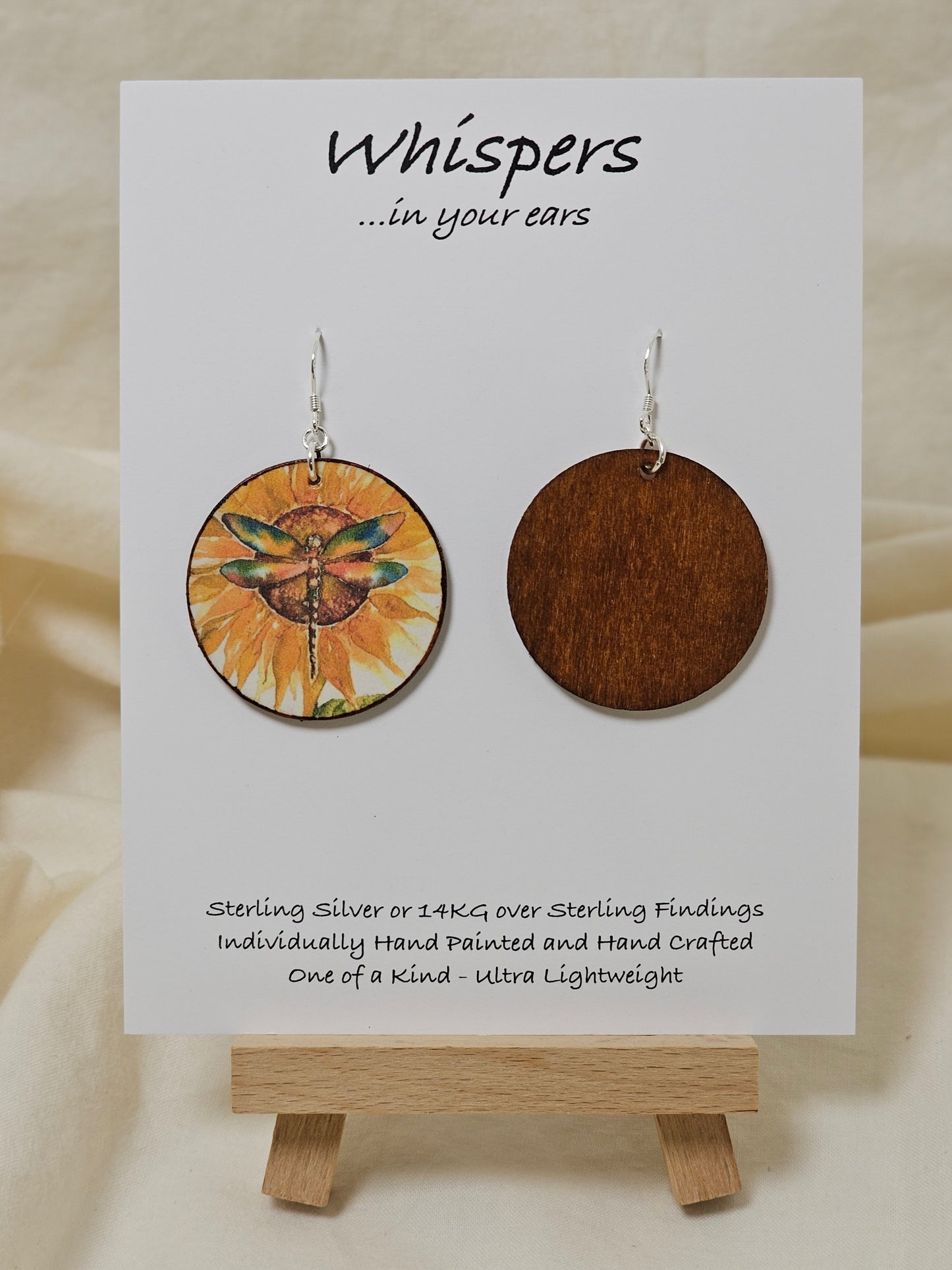 You are my sunflower Art Print Wood Earrings. Artwork by Lee M. Hein. 1 1/2" Circle. Back is painted with dark brown wash. Enameled for durability. Turquoise bead embellishment. Sterling findings. Hangs 1 3/4" in length