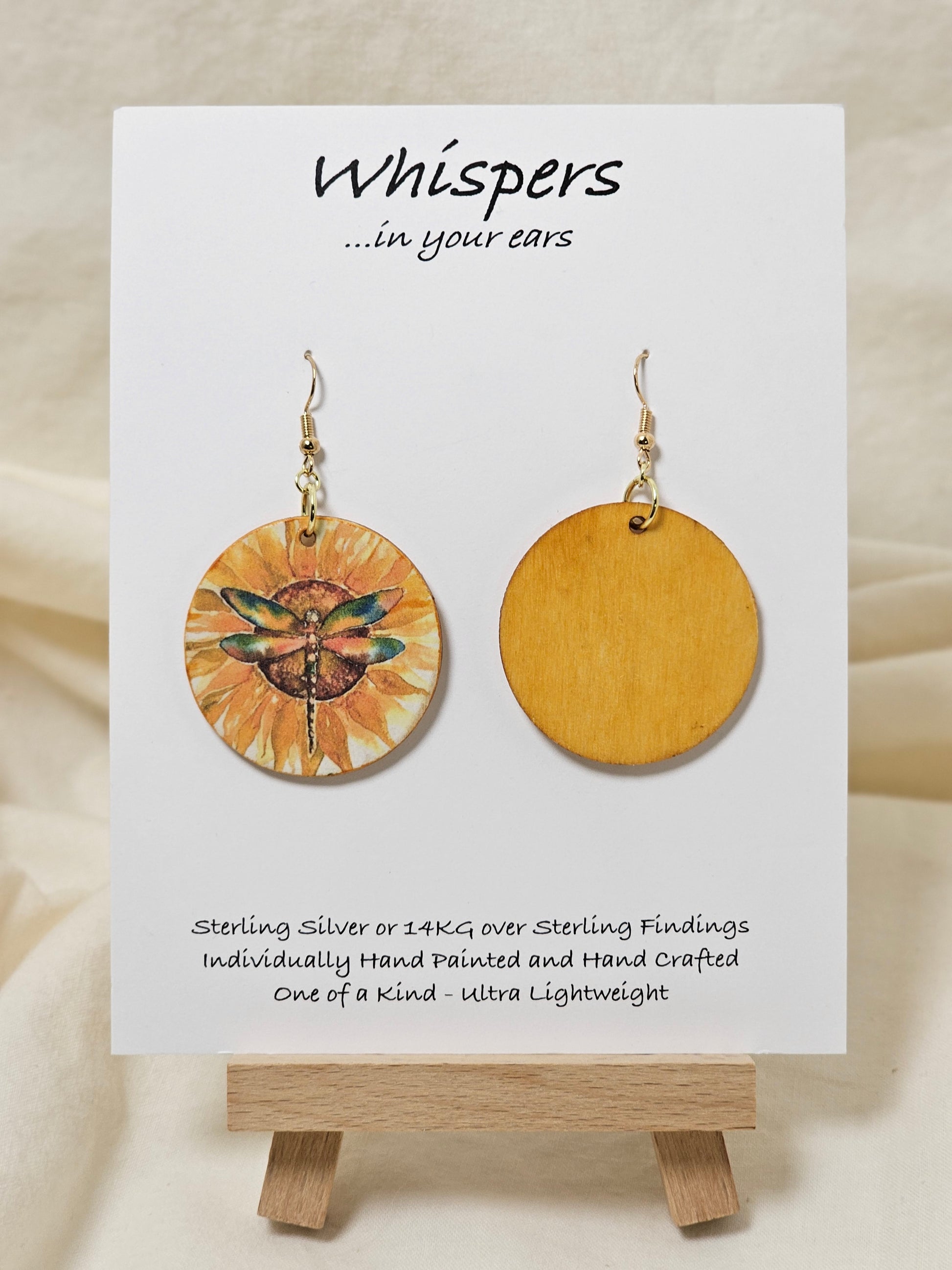 You are my sunflower Art Print Yellow Wood Earrings. Artwork by Lee M. Hein. 1 1/2" Circle. Back is painted with yellow wash. Enameled for durability. Mixed metal of Sterling Silver and 14KG over Sterling findings. Hangs 1 3/4" in length