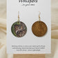 Owl Art Print Dark Wood Earrings. Artwork by Lee M. Hein. 1 1/2" Circle. Back is painted with dark brown wash. Enameled for durability. 14KG over Sterling findings. Hangs 1 3/4" in length