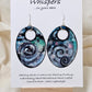 Cosmic Energy Hand Painted Paper Earrings.&nbsp; Ultra lightweight 2 1/2" Statement Oval with small circular cut out. Watercolor blues, greens and black. Abstract design. Back is painted in similar colors. Resin coating for durability. Sterling Silver findings. Hangs 2 3/4" in length