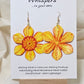 Orange Burst Layered Flower Hand Painted Paper Earrings. Ultra lightweight 2 1/2" in diameter. Watercolor painted to resemble bright Orange yellow flower with deep orange veining. Center is separate layer painted. Back is painted in complimentary colors. Resin Coating for durability. Mixed Metas 14KG over sterling and Sterling Silver findings. Hangs 2 5/8" in length