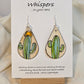 Abstract Sun and Cactus hand painted watercolor paper earrings. Ultra lightweight. Tans and Muted greens. Black painted edge detail. Back is painted with similar colors and design. Tear drop in shape. Resin coating for durability. Double Jump ring detail. Sterling silver findings. Hangs 2 1/4" in length