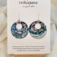Bubbles Hand painted watercolor paper earrings. Ultra lightweight. Dark blue, pink, light pink, turquoise with white circles . Back is painted with similar color and design. Large circular in shape with circular cut out. Resin coating for durability. Sterling silver findings. Hangs 2" in Length