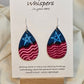 Americana Wood Earrings. 2" Tear drop. Painted in watercolor and acrylic stars and stripes. Red, white and blue. Back is painted to match. Enameled for durability. Sterling silver findings. Hangs 2 1/4" in length