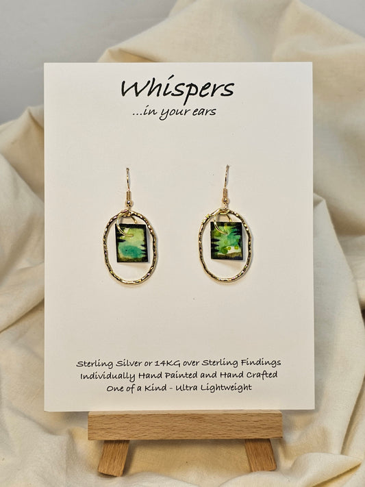 Gold Alloy Oval Mini Hand Painted Paper Earrings. Small painting in Aqua blue, brown, black and lime green. Hanging from the center of Gold alloy oval. Back is painted to match. Ultra lightweight. Resin coating for durability. 14KG over sterling findings. Hangs 1 1/4" in length