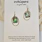 Gold Alloy Oval Mini Hand Painted Paper Earrings. Small painting in Aqua blue, brown, black and lime green. Hanging from the center of Gold alloy oval. Back is painted to match. Ultra lightweight. Resin coating for durability. 14KG over sterling findings. Hangs 1 1/4" in length