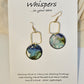 Earth Drop Gold Alloy Rectangle with Hand Painted Paper Earrings. 1" Circular painting in Aqua blue, brown, black and lime green. Hanging from the Gold alloy. Back is painted to match. Ultra lightweight. Resin coating for durability. 14KG over sterling findings. Hangs 1 3/4" in length