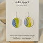 Pearl Swirl Iridescent Hand Painted Watercolor Paper Earrings. Ultra lightweight 1 1/4" Circle abstract watercolor painting periwinkle blue, lime green and pearlized white accents. Back is painted to match. Resin coating for durability. Sterling findings. Hangs 1 1/2" in length