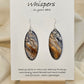 Jasper Hand Painted Paper Earrings.&nbsp; Ultra lightweight 2" Elongated oval. Faux finished to resemble Maligano Jasper. Blues, browns and grays with veining accents. Painted dark edge. Back is painted with similar color and design. Resin coating for durability. Sterling Silver findings. Hangs 2 1/8" in length