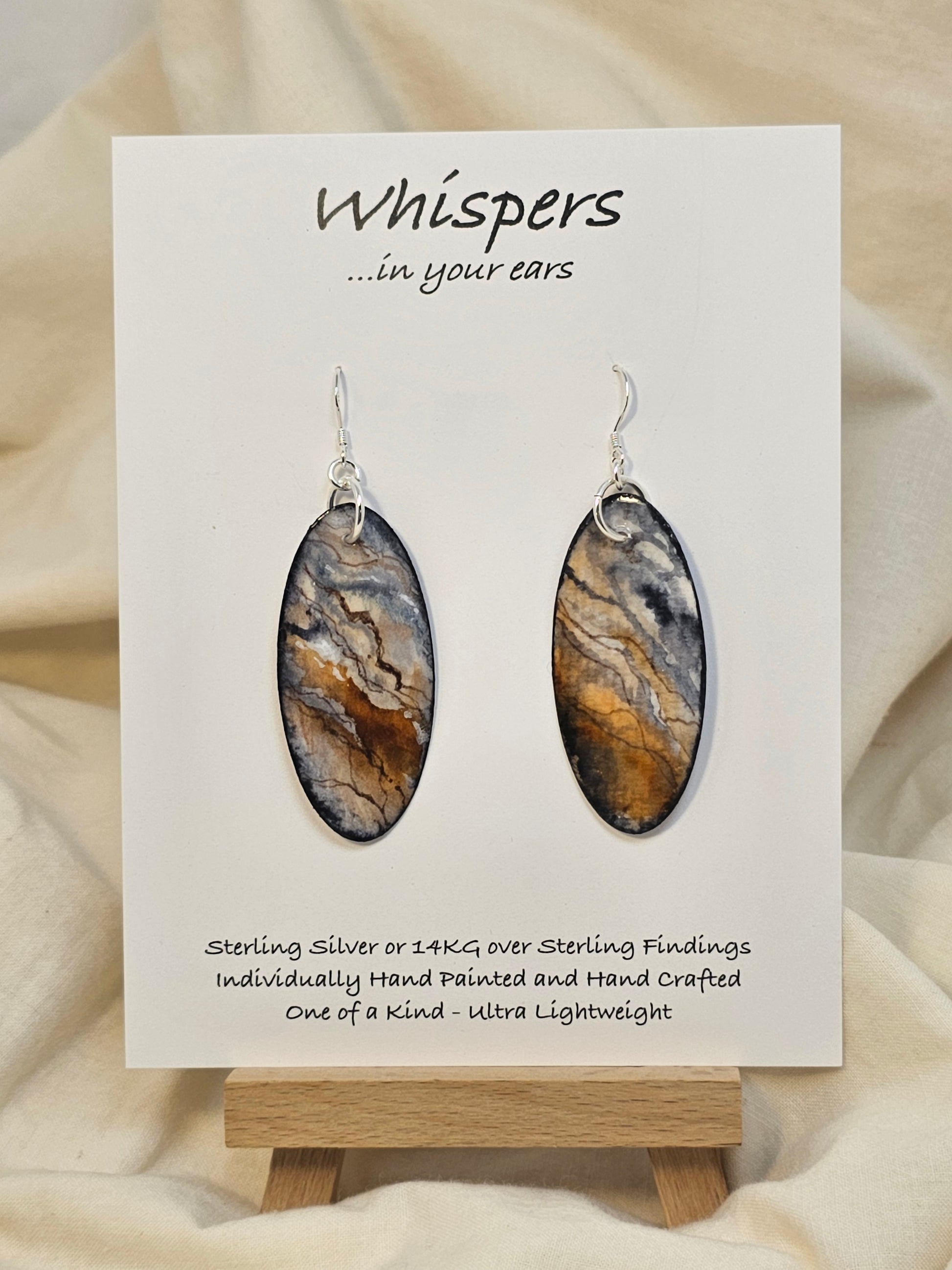 Jasper Hand Painted Paper Earrings.&nbsp; Ultra lightweight 2" Elongated oval. Faux finished to resemble Maligano Jasper. Blues, browns and grays with veining accents. Painted dark edge. Back is painted with similar color and design. Resin coating for durability. Sterling Silver findings. Hangs 2 1/8" in length
